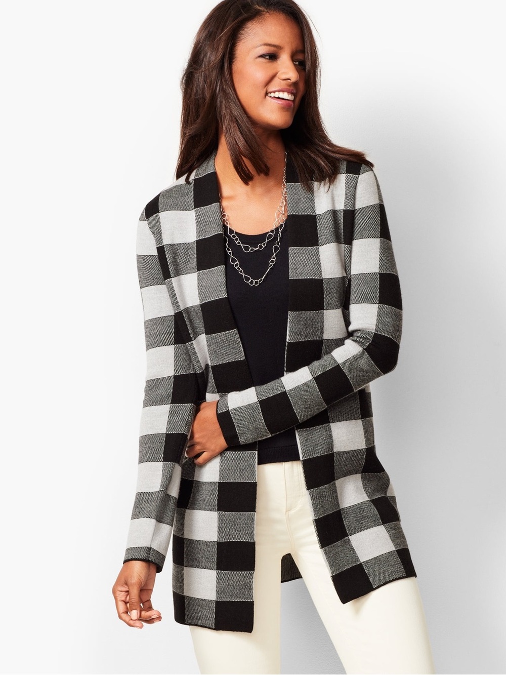 Talbots Black and Gray Buffalo Check Open-Front Cardigan